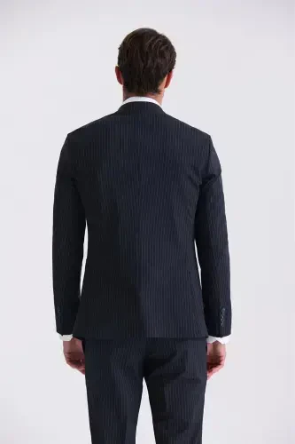 Qora Slim Fit Keskin Yaka Strech Chiziqli Jogger Kostyum - 4