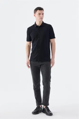 Qora Slim Fit ko'ylak yoqali T-shirt - 2