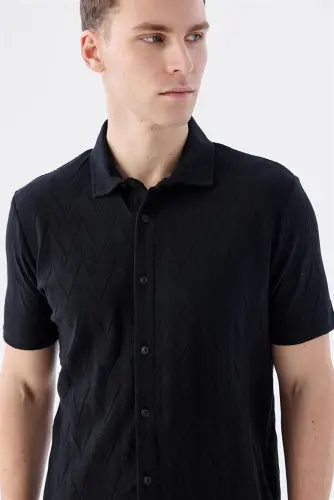 Qora Slim Fit ko'ylak yoqali T-shirt - 3