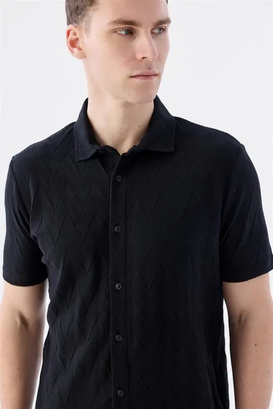 Qora Slim Fit ko'ylak yoqali T-shirt - 3