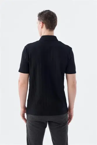 Qora Slim Fit ko'ylak yoqali T-shirt - 4