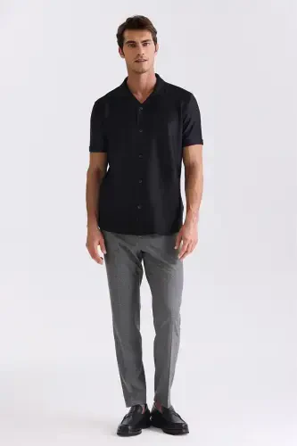 Qora Slim Fit Ko'ylak Yoqali Tugma Tafsilotli Futbolka - Modazone (1)