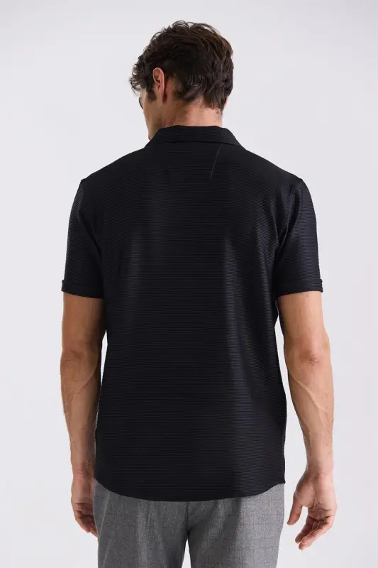 Qora Slim Fit Ko'ylak Yoqali Tugma Tafsilotli Futbolka - 4