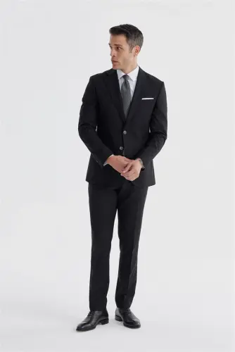 Qora Slim Fit Mono Yaka Ikki Yirtiqli Tekis Kostyum - 1