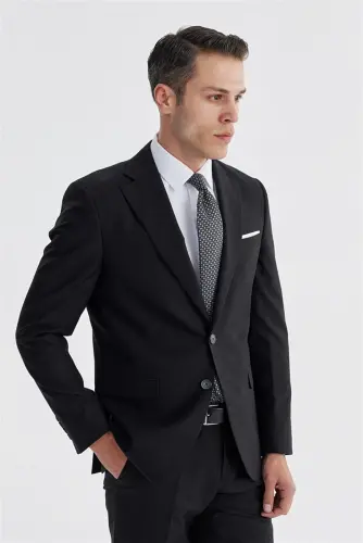 Qora Slim Fit Mono Yaka Ikki Yirtiqli Tekis Kostyum - 3
