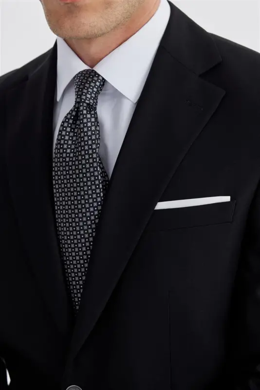 Qora Slim Fit Mono Yaka Ikki Yirtiqli Tekis Kostyum - 4