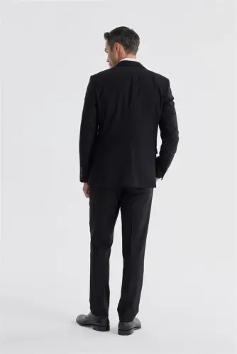 Qora Slim Fit Mono Yaka Ikki Yirtiqli Tekis Kostyum - 5