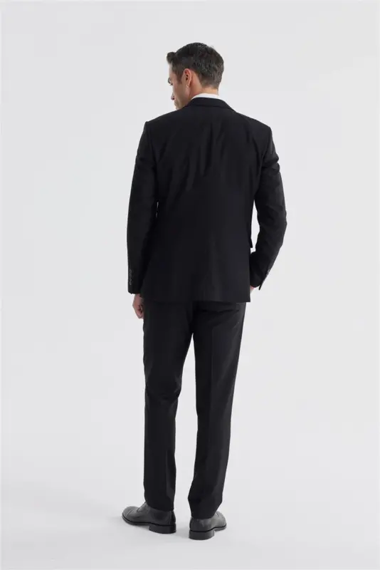 Qora Slim Fit Mono Yoqali Ikki Tirqishli Toʻgʻri Kostyum - 5