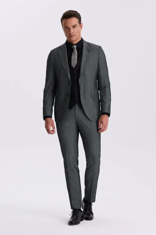 Qora Slim Fit Mono Yoqali Jiletli Ikkita Yirtmaqli Kostyum Frak - 2