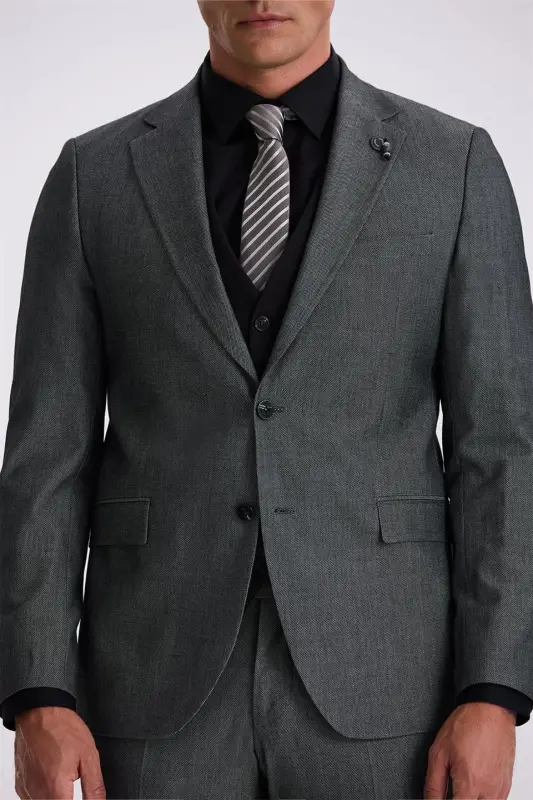 Qora Slim Fit Mono Yoqali Jiletli Ikkita Yirtmaqli Kostyum Frak - 3