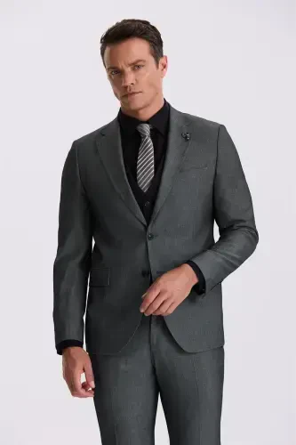 Qora Slim Fit Mono Yoqali Jiletli Ikkita Yoriqli Kostyum - 1