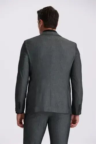 Qora Slim Fit Mono Yoqali Jiletli Ikkita Yoriqli Kostyum - 4