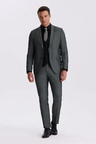 Qora Slim Fit Mono Yoqali Jiletli Ikkita Yoriqli Kostyum - Modazone (1)