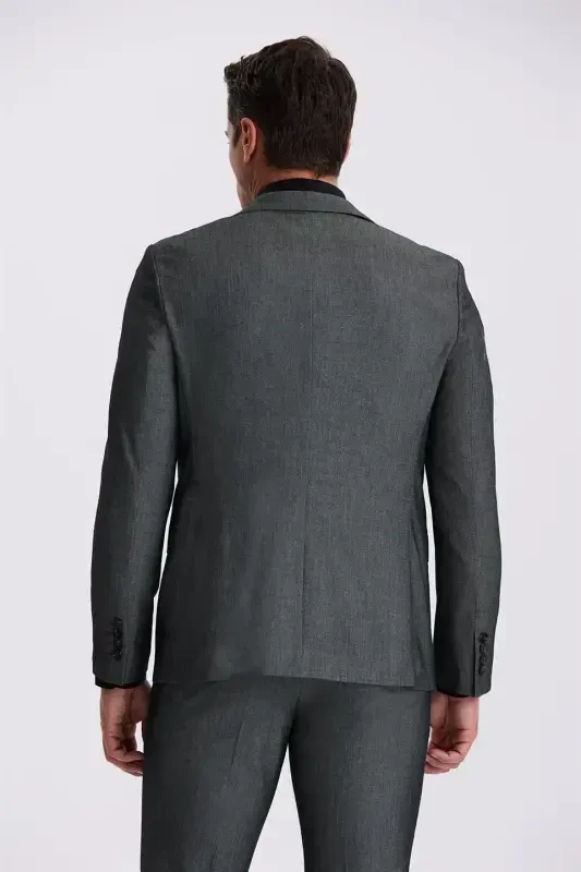 Qora Slim Fit Mono Yoqali Jiletli Ikkita Yoriqli Kostyum - 4