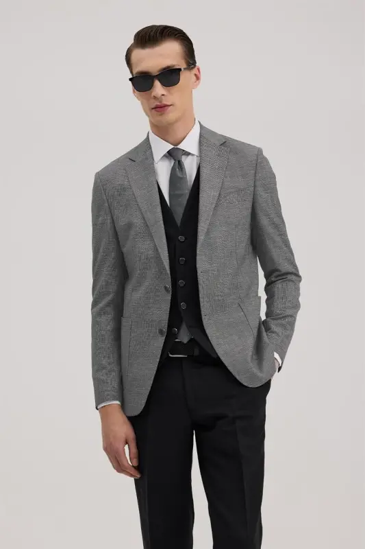 Qora Slim Fit Mono Yoqali Jiletli Kombinatsiyalangan Kostyum - 2