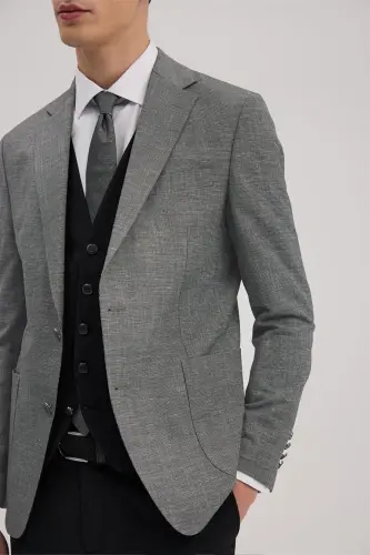 Qora Slim Fit Mono Yoqali Jiletli Kombinatsiyalangan Kostyum - 3