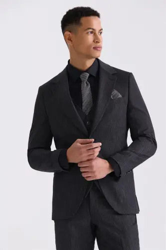 Qora Slim Fit Mono Yoqali Jiletli Kostyum - Modazone (1)