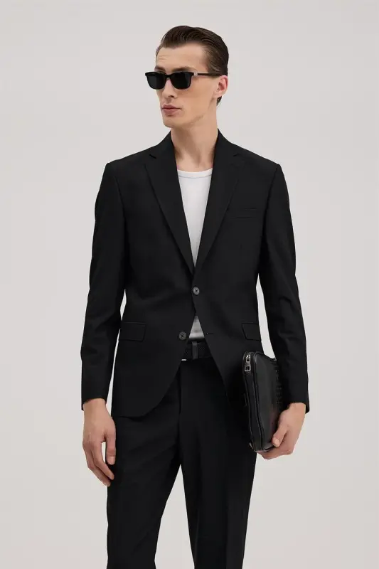 Qora Slim Fit Mono Yoqali Kostyum - 1