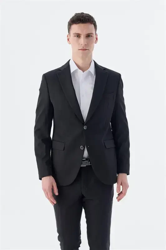 Qora Slim Fit Mono Yoqaliq Ikki Yirtiq Palto - 1