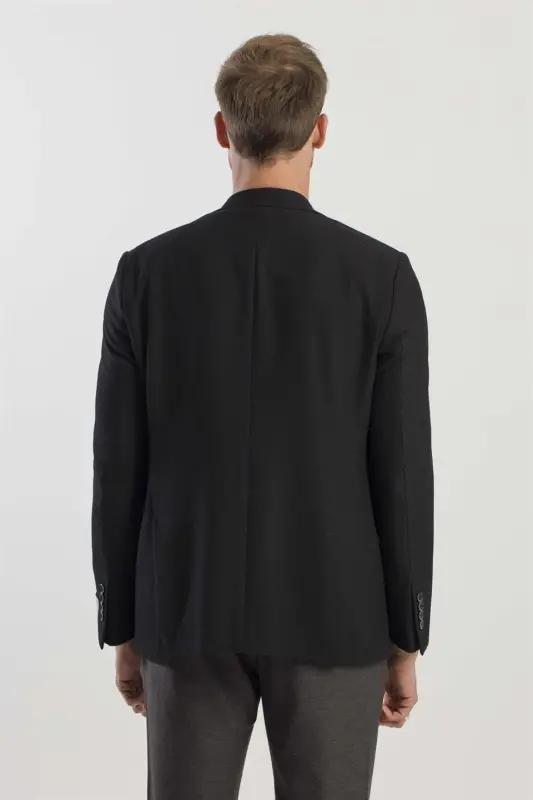 Qora Slim Fit Naqshli Bog‘li Pidjak - 4