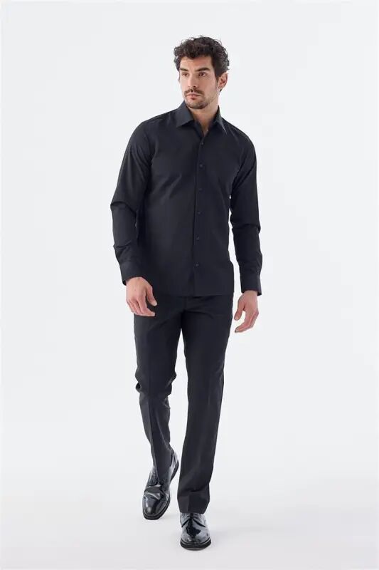 Qora Slim Fit Naqshli Italyancha Yoqali Klassik Bo‘yinbog‘ uchun Paxtali Ko‘ylak - JAKAMEN
