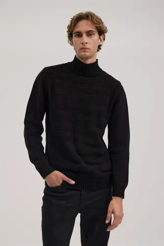 Qora Slim Fit naqshli paxta to'liq balıkçı yaka triko 