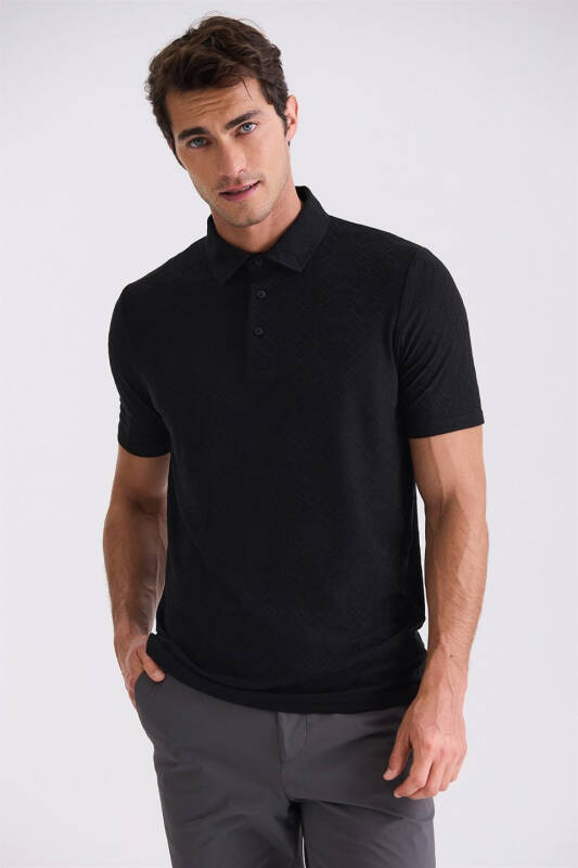 Qora Slim Fit Naqshli Polo Y воротничокли Футболка - 1