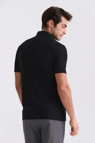 Qora Slim Fit naqshli polo yoqali futbolka - 3