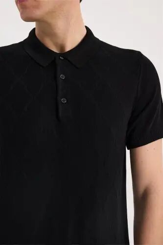Qora Slim Fit Naqshli Trikotaj Polo Yoqa T-Shirt - 3