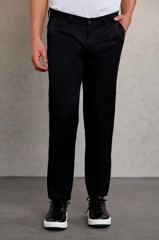 Qora Slim Fit naqshli yon cho'ntakli kanvas shim - 1