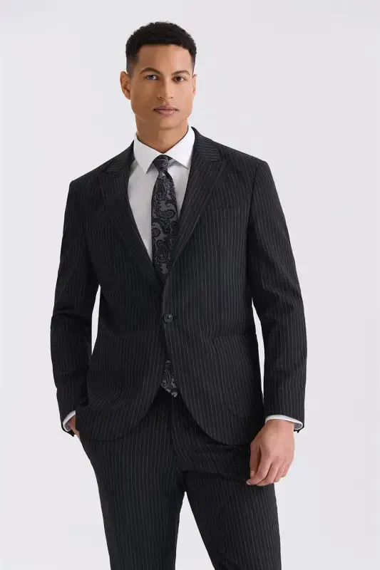 Qora Slim Fit O'tkir Yoqali Stretch Chiziqli Jogger Kostyum - 2