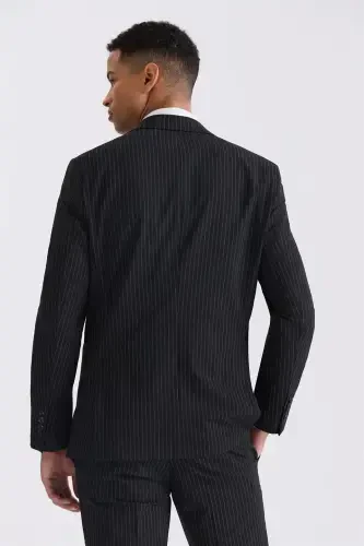 Qora Slim Fit O'tkir Yoqali Stretch Chiziqli Jogger Kostyum - 4