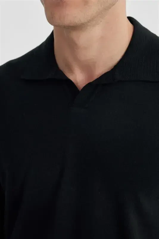 Qora Slim Fit Polo Yoqali Trikotaj Ko'ylak - 3