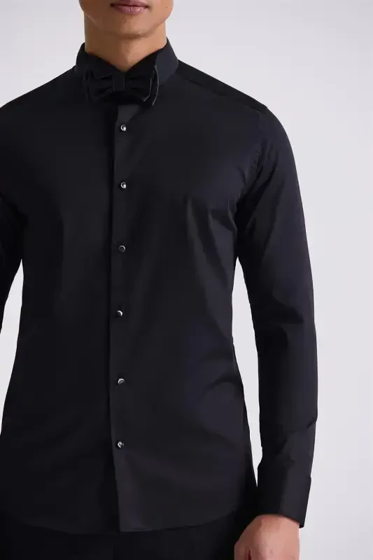 Qora Slim Fit qo'lda tugmachali 100% paxta ota yoqali ko'ylak - JAKAMEN