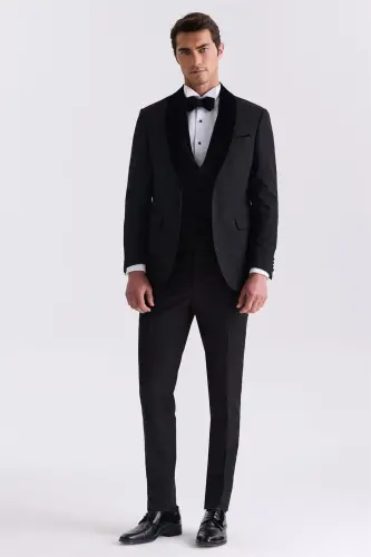 Qora Slim Fit Shawl Yoqali Kamzulli Smokings - JAKAMEN (1)