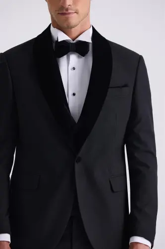 Qora Slim Fit Shawl Yoqali Kamzulli Smokings - 3