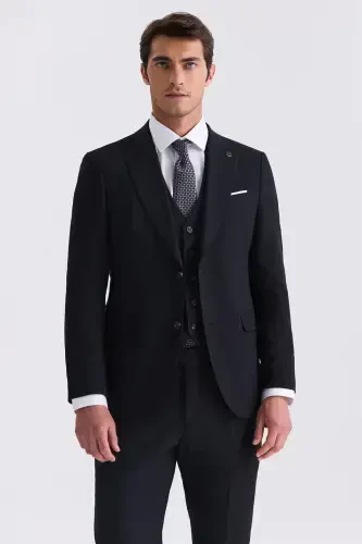 Qora Slim Fit Sivri Yaka Yelekli Bamboo Kostyum - JAKAMEN (1)