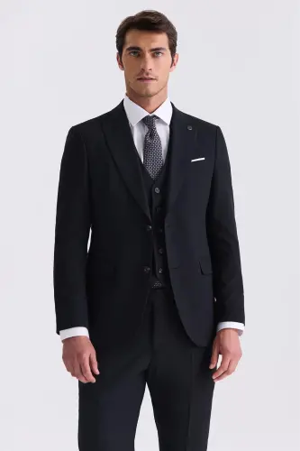 Qora Slim Fit Sivri Yaka Yelekli Bamboo Kostyum - JAKAMEN (1)