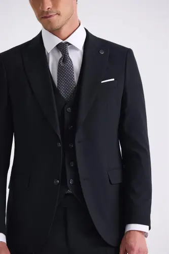 Qora Slim Fit Sivri Yaka Yelekli Bamboo Kostyum - 3