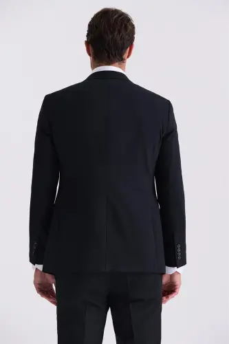 Qora Slim Fit Sivri Yaka Yelekli Bamboo Kostyum - 4