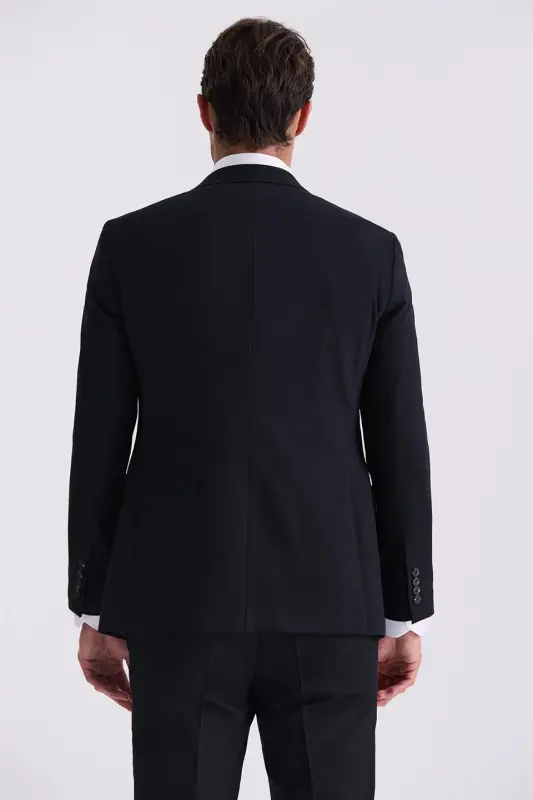 Qora Slim Fit Sivri Yaka Yelekli Bamboo Kostyum - 4