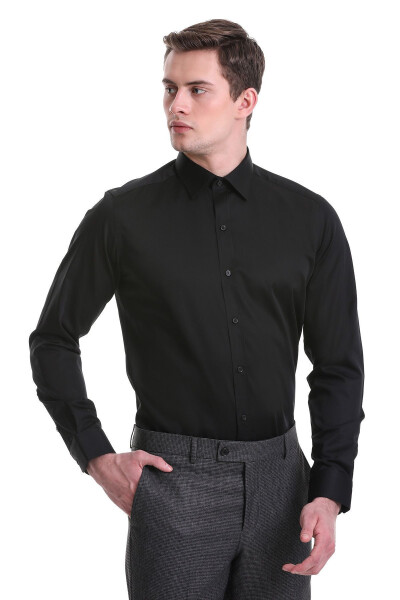Qora Slim Fit tekis 100% paxta Slim yoqali uzun yengli kundalik atlas ko'ylak - 2