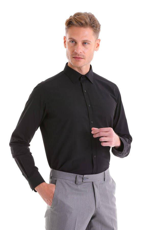 Qora Slim Fit tekis paxtali tor bo'yinli uzun qisma - 1