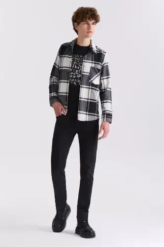 Qora Slim Fit Tekshirali Paxta Cho'ntakli Qirg'oq Ko'ylak - JAKAMEN (1)