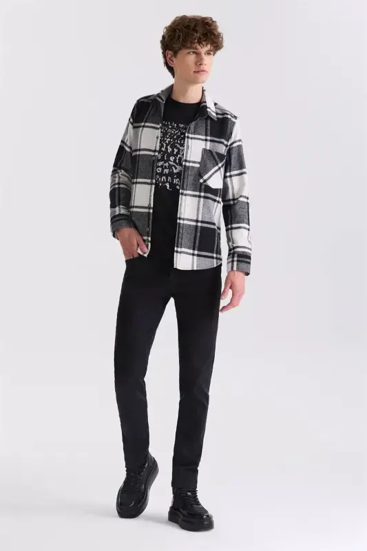 Qora Slim Fit Tekshirali Paxta Cho'ntakli Qirg'oq Ko'ylak - 2