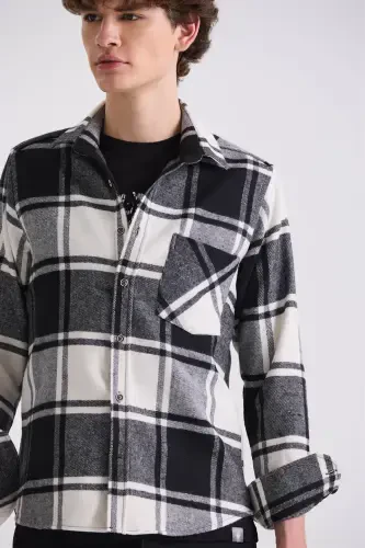 Qora Slim Fit Tekshirali Paxta Cho'ntakli Qirg'oq Ko'ylak - 3