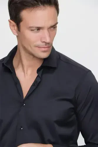 Qora Slim Fit To'g'ri Qattiq Yoqali Oson Dazmollanadigan (SOVĞA QUTISI) Uzun Ko'ylak - 6