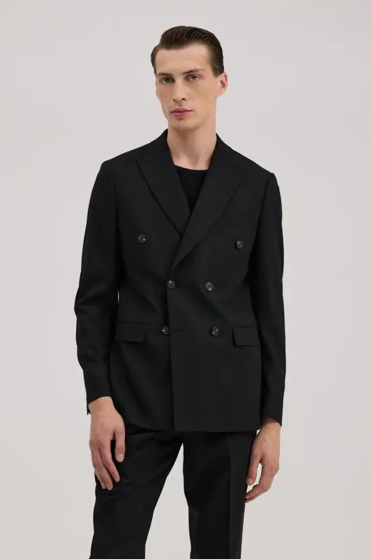 Qora Slim Fit Uchli Yoqali Kostyum - 2