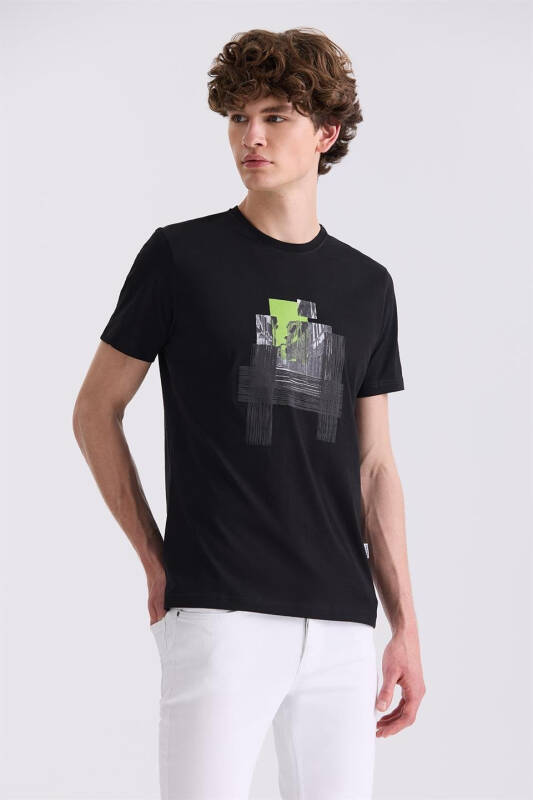 Qora Slim Fit Velosiped Yaka T-ko'ylak - 1