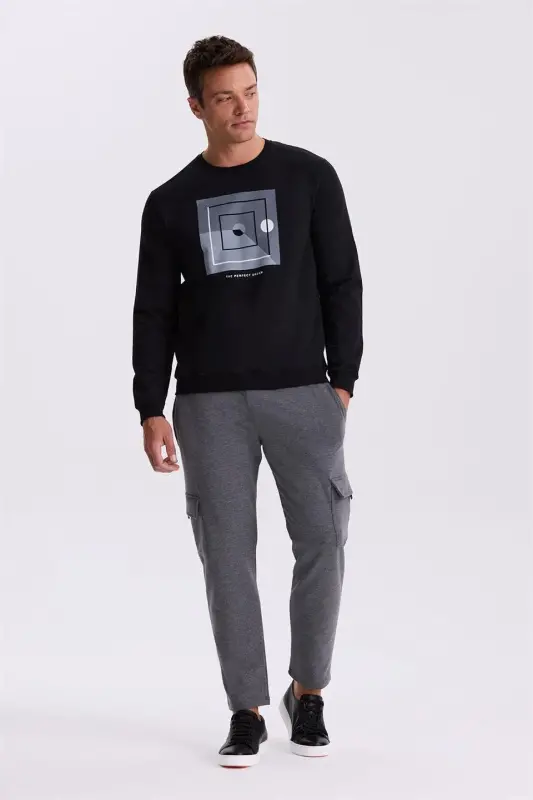 Qora Slim Fit Velosiped Yaxa Bosilgan %100 Paxtadan Qilngan kozok - 2
